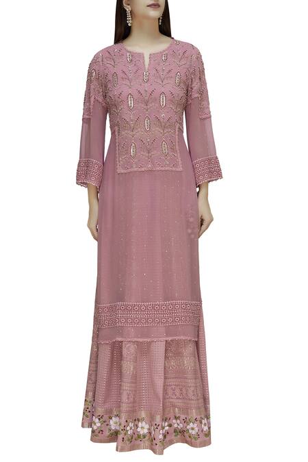 Poonam Dubey_Pink Organza, Chikankari Round Kurta Lehenga Set_Online_at_Aza_Fashions