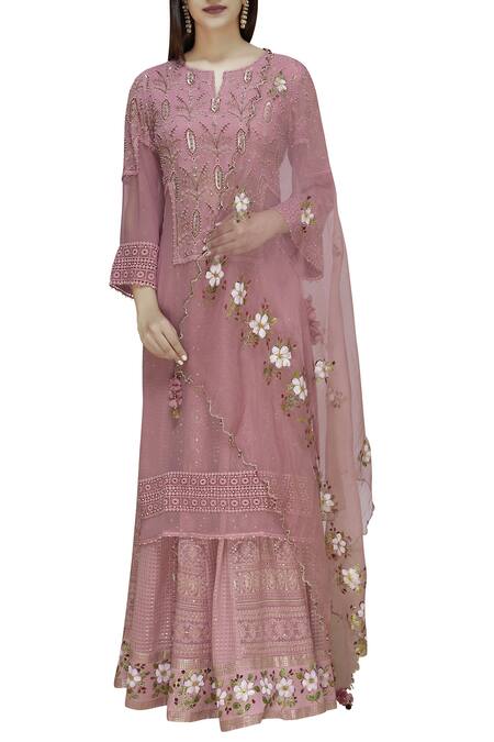 Buy_Poonam Dubey_Pink Organza, Chikankari Round Kurta Lehenga Set_Online_at_Aza_Fashions