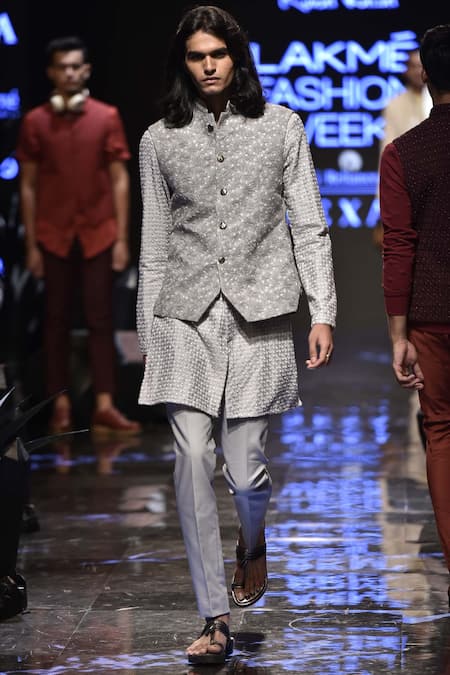 Kunal Rawal Grey Poplin Embroidered Nehru Jacket Set