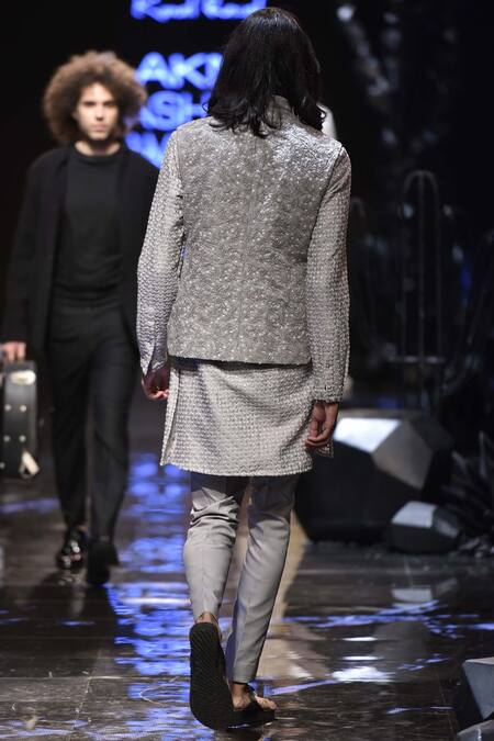 Shop_Kunal Rawal_Grey Poplin Embroidered Nehru Jacket Set_at_Aza_Fashions