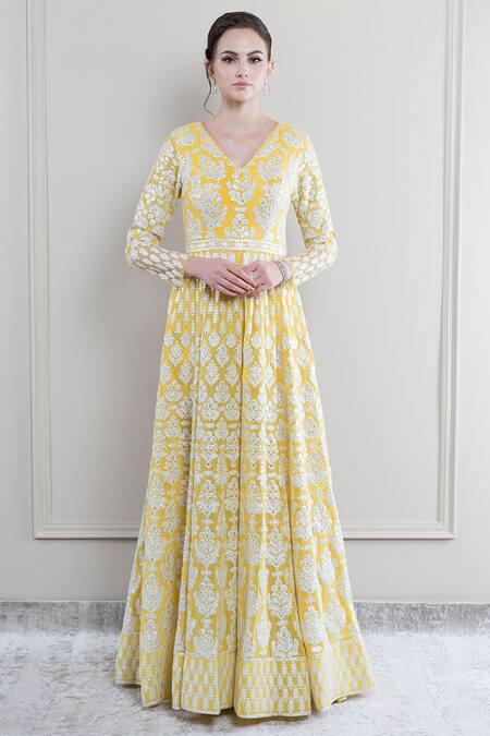 Falguni Shane Peacock_Yellow Georgette Embroidered Anarkali With Dupatta_Online_at_Aza_Fashions