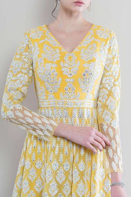 Buy_Falguni Shane Peacock_Yellow Georgette Embroidered Anarkali With Dupatta_Online_at_Aza_Fashions