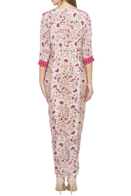 Shop Soup By Sougat Paul Pink Crepe Floral Round Neck Printed Dress With Asymmetrical Jacket at Aza Fashions Shop_Soup By Sougat Paul_Pink Crepe Floral Round Neck Printed Dress With Asymmetrical Jacket _at_Aza_Fashions