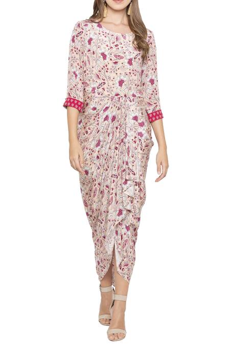 Soup By Sougat Paul Pink Crepe Floral Round Neck Printed Dress With Asymmetrical Jacket Online at Aza Fashions Soup By Sougat Paul_Pink Crepe Floral Round Neck Printed Dress With Asymmetrical Jacket _Online_at_Aza_Fashions