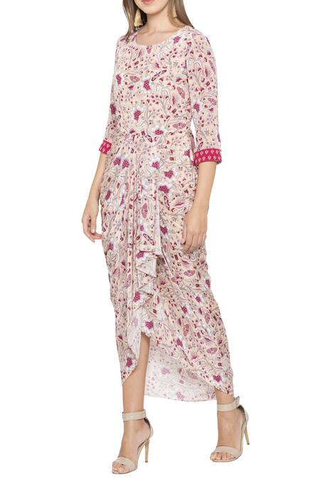 Buy Soup By Sougat Paul Pink Crepe Floral Round Neck Printed Dress With Asymmetrical Jacket Online at Aza Fashions Buy_Soup By Sougat Paul_Pink Crepe Floral Round Neck Printed Dress With Asymmetrical Jacket _Online_at_Aza_Fashions
