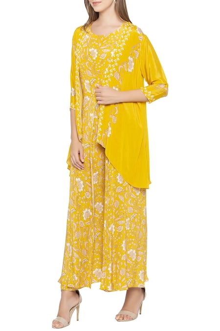 Soup By Sougat Paul_Yellow Crepe Floral Round Neck Printed Jumpsuit With Jacket _Online_at_Aza_Fashions