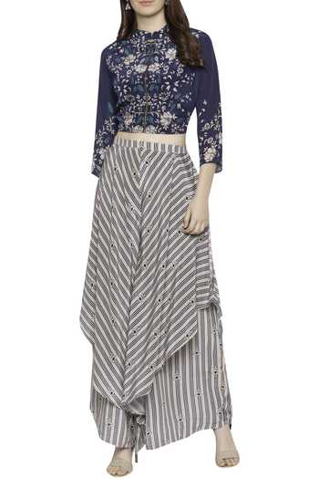 Soup By Sougat Paul Blue Crepe Floral, Stripes Band Collar Printed Jacket And Draped Pant Set Online at Aza Fashions Soup By Sougat Paul_Blue Crepe Floral, Stripes Band Collar Printed Jacket And Draped Pant Set _Online_at_Aza_Fashions