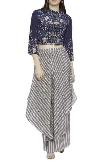 Buy Soup By Sougat Paul Blue Crepe Floral, Stripes Band Collar Printed Jacket And Draped Pant Set Online at Aza Fashions Buy_Soup By Sougat Paul_Blue Crepe Floral, Stripes Band Collar Printed Jacket And Draped Pant Set _Online_at_Aza_Fashions