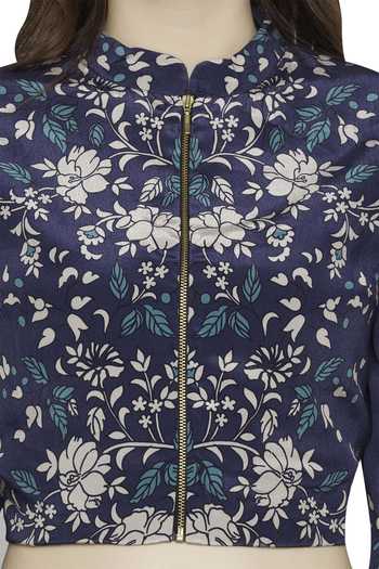 Soup By Sougat Paul Blue Crepe Floral, Stripes Band Collar Printed Jacket And Draped Pant Set at Aza Fashions Soup By Sougat Paul_Blue Crepe Floral, Stripes Band Collar Printed Jacket And Draped Pant Set _at_Aza_Fashions