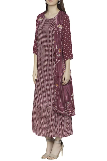Soup By Sougat Paul_Magenta Crepe Floral, Geometric Dress Round Jacket Open Printed Maxi With _Online_at_Aza_Fashions