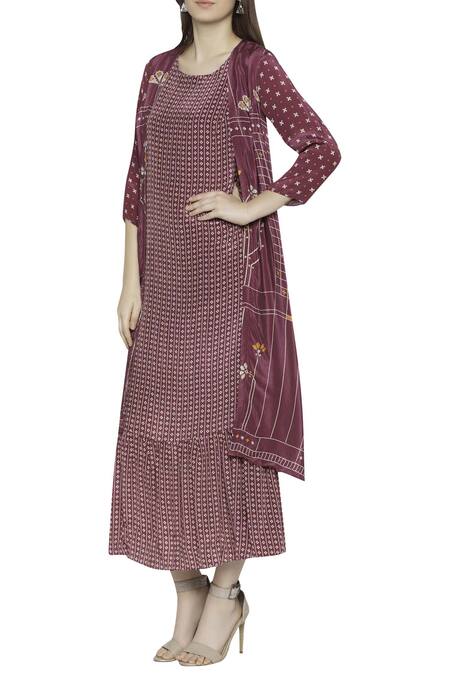 Buy_Soup By Sougat Paul_Magenta Crepe Floral, Geometric Dress Round Jacket Open Printed Maxi With _Online_at_Aza_Fashions