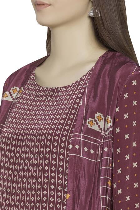 Shop_Soup By Sougat Paul_Magenta Crepe Floral, Geometric Dress Round Jacket Open Printed Maxi With _Online_at_Aza_Fashions