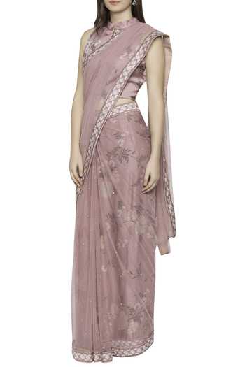 Soup By Sougat Paul_Pink Net, Satin High Neck Embroidered Pre-draped Saree With Blouse _Online_at_Aza_Fashions