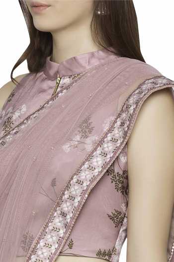 Buy_Soup By Sougat Paul_Pink Net, Satin High Neck Embroidered Pre-draped Saree With Blouse _Online_at_Aza_Fashions