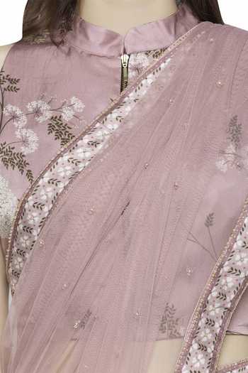 Shop_Soup By Sougat Paul_Pink Net, Satin High Neck Embroidered Pre-draped Saree With Blouse _Online_at_Aza_Fashions