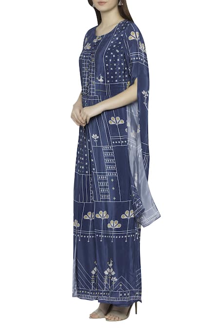 Soup By Sougat Paul_Blue Crepe Geometric Motifs Round Neck Printed Jumpsuit _Online_at_Aza_Fashions