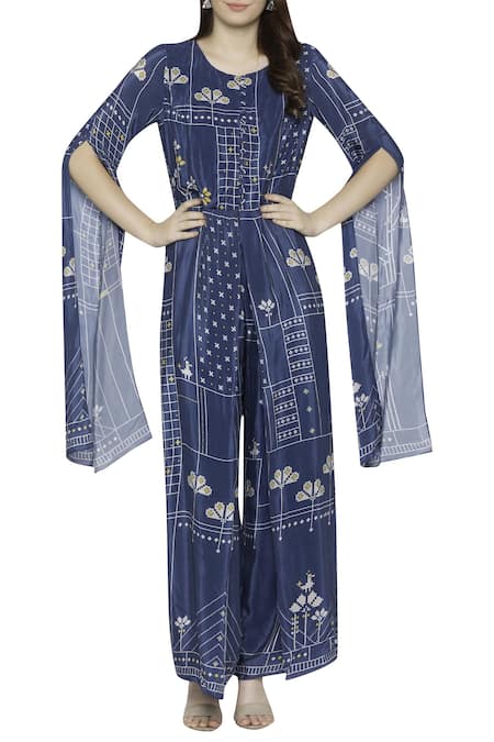 Buy_Soup By Sougat Paul_Blue Crepe Geometric Motifs Round Neck Printed Jumpsuit _Online_at_Aza_Fashions
