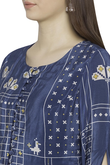 Shop_Soup By Sougat Paul_Blue Crepe Geometric Motifs Round Neck Printed Jumpsuit _Online_at_Aza_Fashions