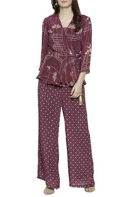 Soup By Sougat Paul_Purple Crepe Geometric Motifs V Neck Printed Jumpsuit _Online_at_Aza_Fashions
