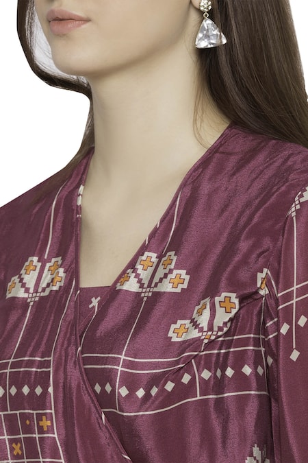 Shop_Soup By Sougat Paul_Purple Crepe Geometric Motifs V Neck Printed Jumpsuit _Online_at_Aza_Fashions