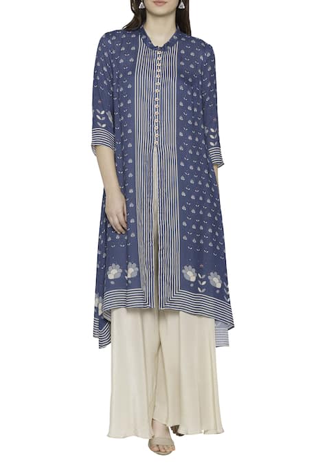 Soup By Sougat Paul_Blue Crepe, Mulin Slub Band Collar Printed Kurta Palazzo Set _Online_at_Aza_Fashions