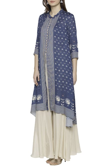 Buy_Soup By Sougat Paul_Blue Crepe, Mulin Slub Band Collar Printed Kurta Palazzo Set _Online_at_Aza_Fashions