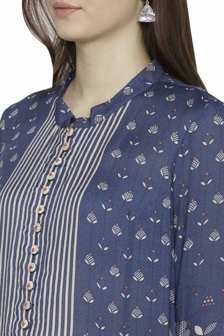 Shop_Soup By Sougat Paul_Blue Crepe, Mulin Slub Band Collar Printed Kurta Palazzo Set _Online_at_Aza_Fashions