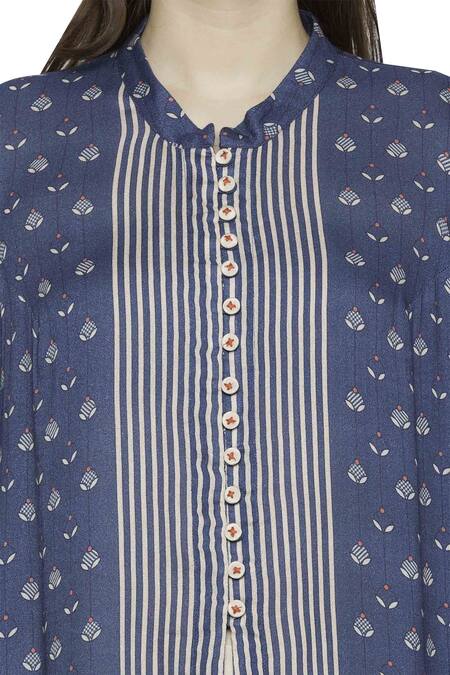 Soup By Sougat Paul_Blue Crepe, Mulin Slub Band Collar Printed Kurta Palazzo Set _at_Aza_Fashions