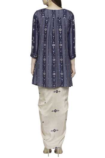 Shop Soup By Sougat Paul Blue Malaysian Silk Round Draped Jacket Skirt Set at Aza Fashions Shop_Soup By Sougat Paul_Blue Malaysian Silk Round Draped Jacket Skirt Set _at_Aza_Fashions