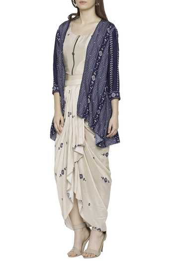 Soup By Sougat Paul Blue Malaysian Silk Round Draped Jacket Skirt Set Online at Aza Fashions Soup By Sougat Paul_Blue Malaysian Silk Round Draped Jacket Skirt Set _Online_at_Aza_Fashions