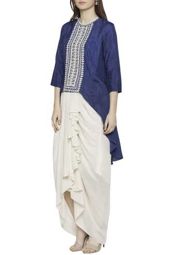 Soup By Sougat Paul_Blue Crepe, Malaysian Silk Thread Work Round Neck Draped Skirt Set _Online_at_Aza_Fashions