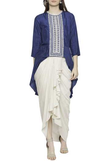 Buy_Soup By Sougat Paul_Blue Crepe, Malaysian Silk Thread Work Round Neck Draped Skirt Set _Online_at_Aza_Fashions