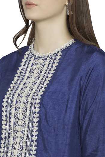Shop_Soup By Sougat Paul_Blue Crepe, Malaysian Silk Thread Work Round Neck Draped Skirt Set _Online_at_Aza_Fashions