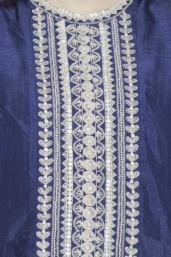 Soup By Sougat Paul_Blue Crepe, Malaysian Silk Thread Work Round Neck Draped Skirt Set _at_Aza_Fashions