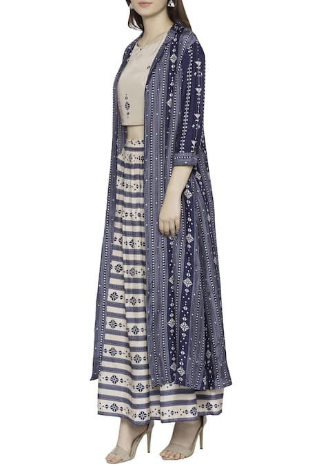 Soup By Sougat Paul Blue Malaysian Silk Top Roundjacket Notch Lapel Printed Jacket Skirt Set Online at Aza Fashions Soup By Sougat Paul_Blue Malaysian Silk Top Roundjacket Notch Lapel Printed Jacket Skirt Set _Online_at_Aza_Fashions