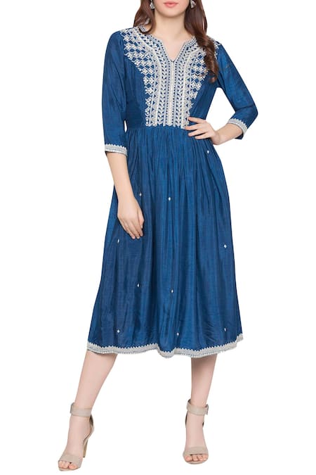 Soup by Sougat Paul Blue Malaysian Silk Round Embroidered Midi Dress  