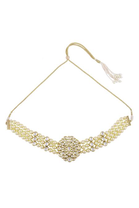 Shop_Zevar By Geeta_Gold Plated Kundan Bead Choker Set_Online_at_Aza_Fashions