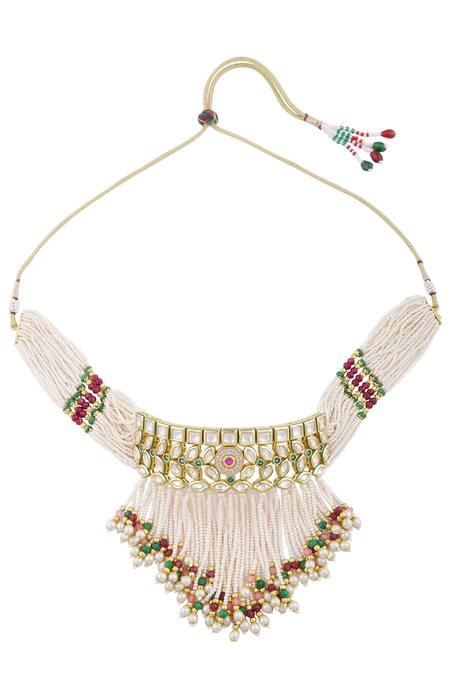 Shop_Zevar By Geeta_Gold Plated Kundan Bead Choker Set_Online_at_Aza_Fashions