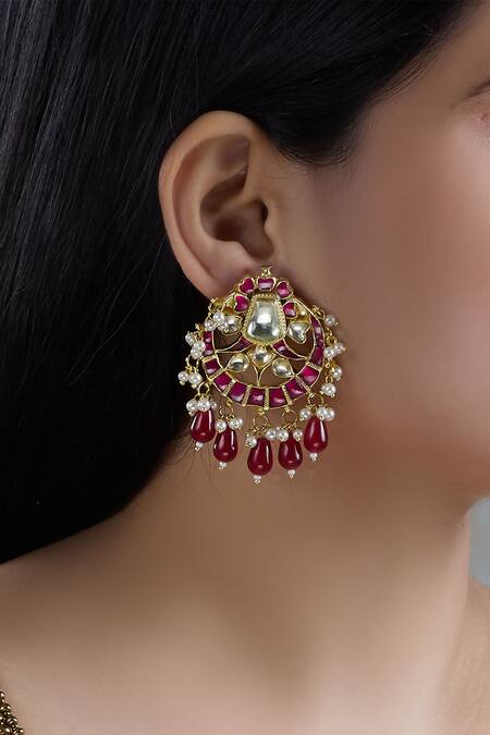 Shop_Zevar By Geeta_Gold Plated Stones Kundan Chandbalis_at_Aza_Fashions