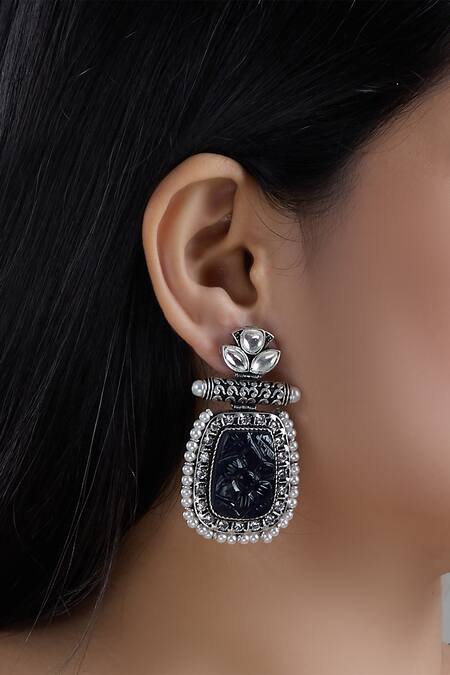 Shop Zevar By Geeta Silver Plated Stones Bead Earrings at Aza Fashions Shop_Zevar By Geeta_Silver Plated Stones Bead Earrings_at_Aza_Fashions