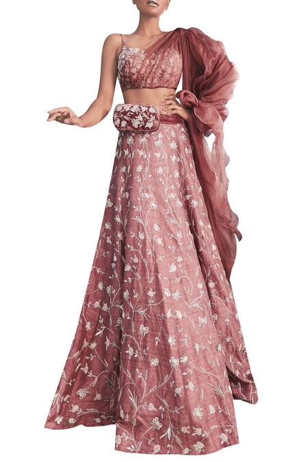 Mahima Mahajan Coral Raw Silk Sweetheart Neck Embroidered Lehenga Set Online at Aza Fashions Mahima Mahajan_Coral Raw Silk Sweetheart Neck Embroidered Lehenga Set_Online_at_Aza_Fashions