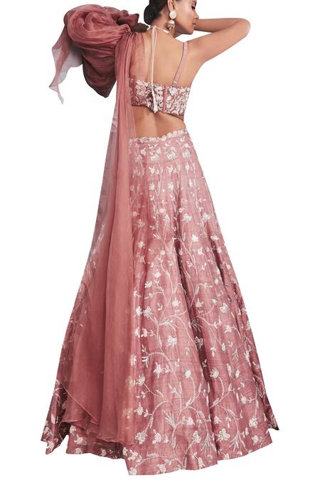 Shop Mahima Mahajan Coral Raw Silk Sweetheart Neck Embroidered Lehenga Set at Aza Fashions Shop_Mahima Mahajan_Coral Raw Silk Sweetheart Neck Embroidered Lehenga Set_at_Aza_Fashions