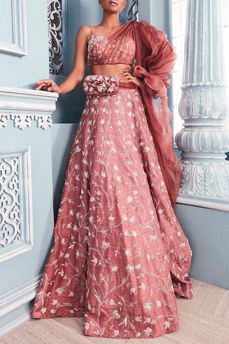 Mahima Mahajan Coral Raw Silk Sweetheart Neck Embroidered Lehenga Set 