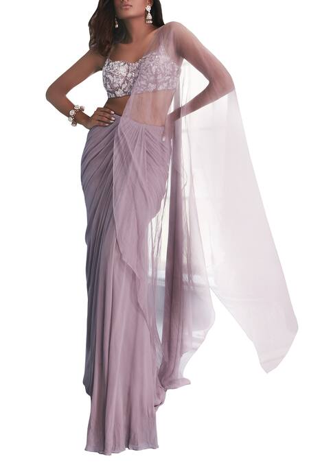Mahima Mahajan Purple Raw Silk, Organza, Georgette, Shantoon Sweetheart Skirt Saree With Blouse Online at Aza Fashions Mahima Mahajan_Purple Raw Silk, Organza, Georgette, Shantoon Sweetheart Skirt Saree With Blouse_Online_at_Aza_Fashions
