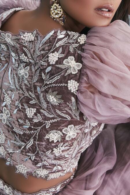 Shop Mahima Mahajan Purple Velvet Sweetheart Neck Embroidered Blouse Lehenga Set at Aza Fashions Shop_Mahima Mahajan_Purple Velvet Sweetheart Neck Embroidered Blouse Lehenga Set_at_Aza_Fashions