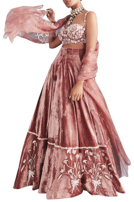Mahima Mahajan_Pink Organza, Velvet, Shantoon Sweetheart Neck Embroidered Blouse Lehenga Set_Online_at_Aza_Fashions