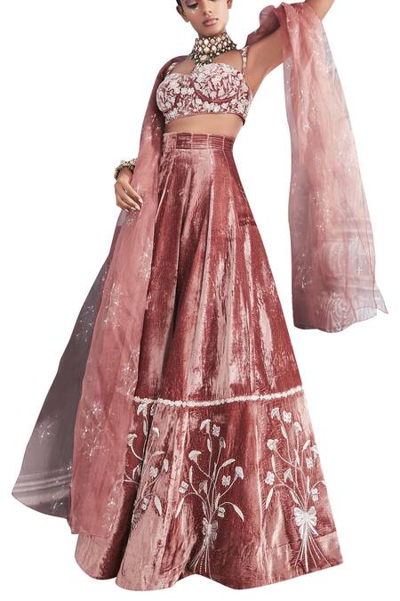 Buy_Mahima Mahajan_Pink Organza, Velvet, Shantoon Sweetheart Neck Embroidered Blouse Lehenga Set_Online_at_Aza_Fashions