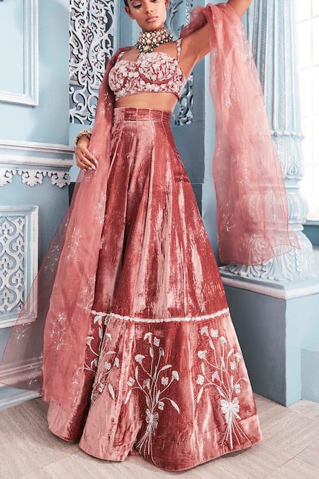 Mahima Mahajan Pink Velvet Sweetheart Neck Embroidered Blouse Lehenga Set 