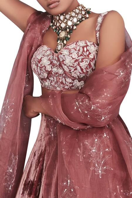 Shop_Mahima Mahajan_Pink Organza, Velvet, Shantoon Sweetheart Neck Embroidered Blouse Lehenga Set_Online_at_Aza_Fashions