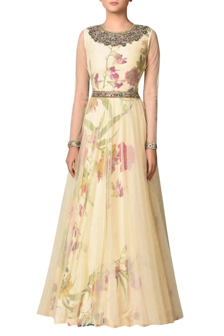 RI.Ritu Kumar Beige Nylon Net Round Printed Gown 